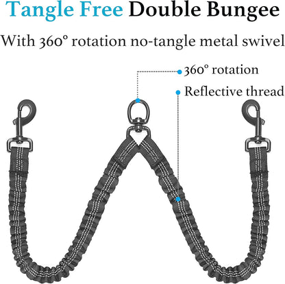 Dual Dog Leash - 360° Swivel, No Tangle Walking Leash with Shock Absorbing Bungee for Two Dogs